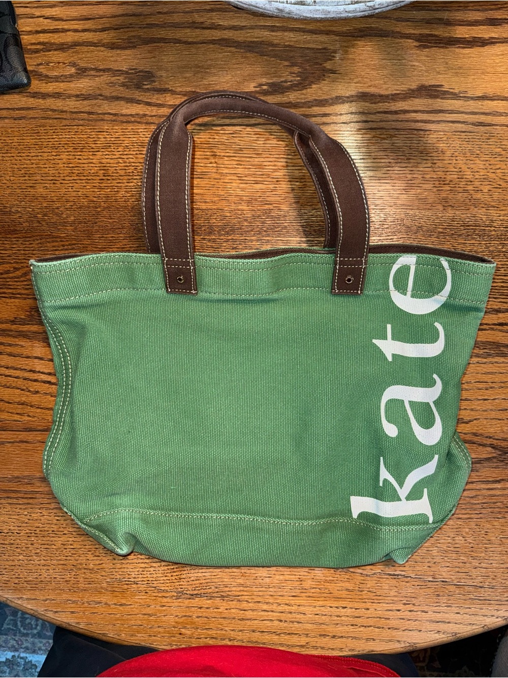 kate spade Green Canvas Tote with Brown Leather Handles and White Logo